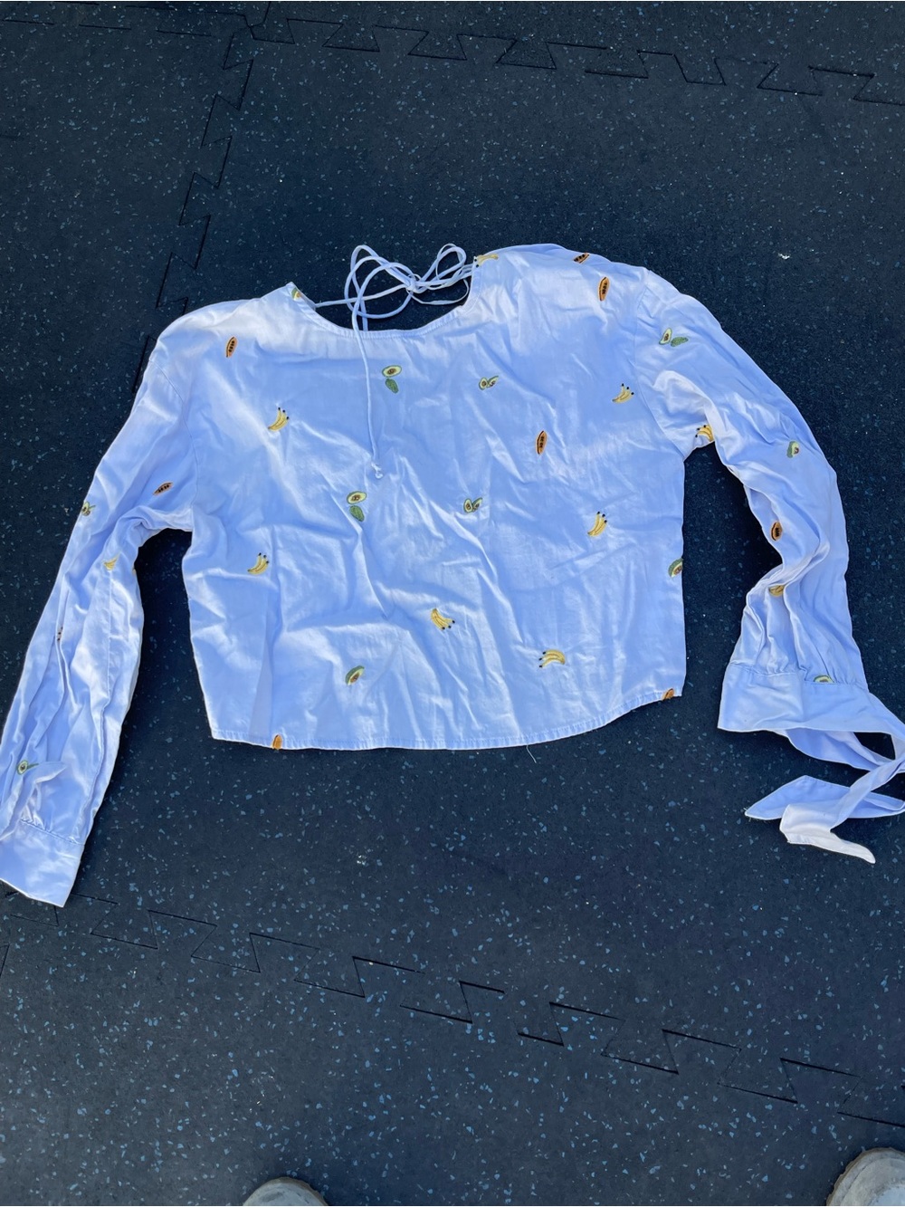 Zara Blue  Long-Sleeve Embroidered Fruit Tie-Back Top